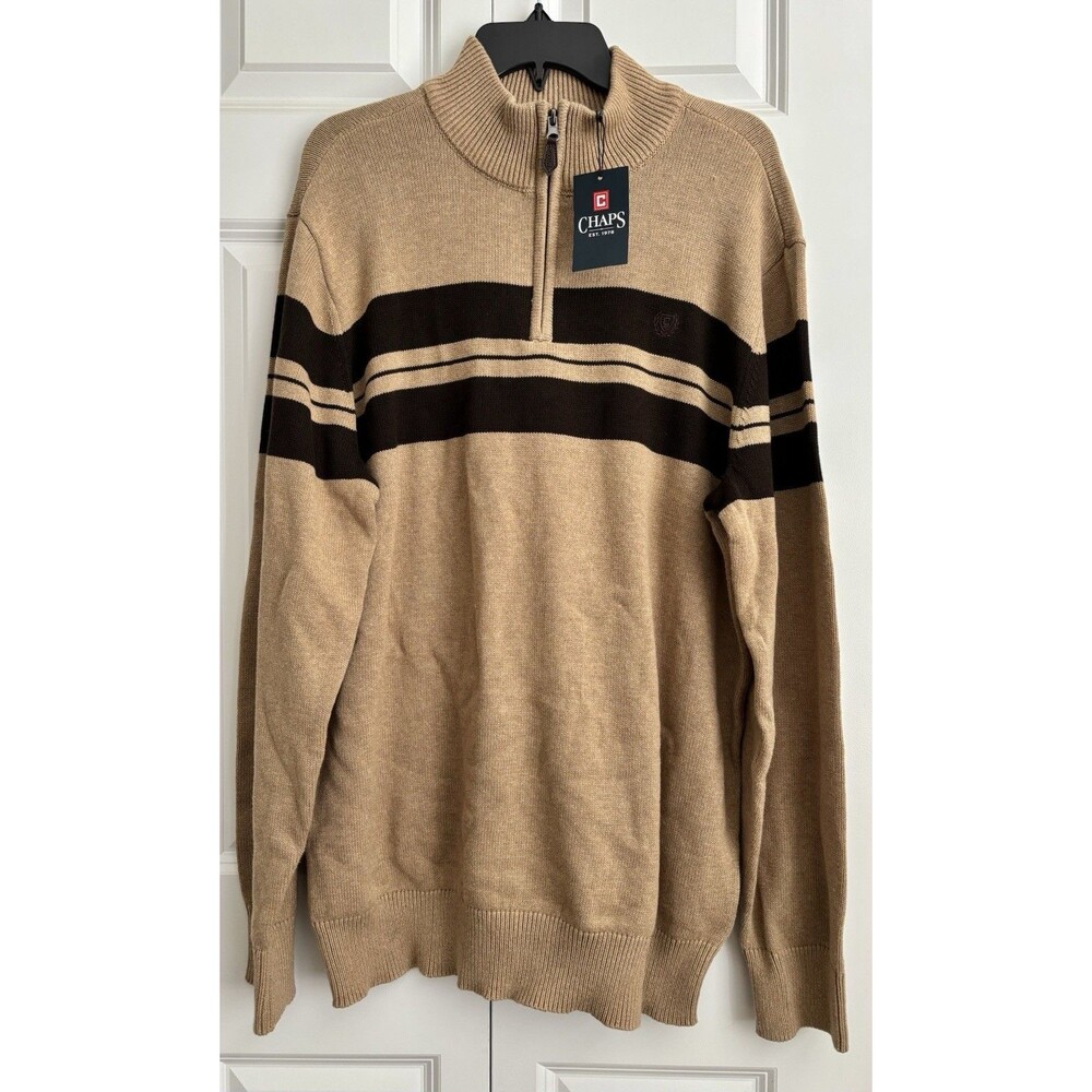 Chaps Men's Sweaters Pullon Quater Zipp Cotton Knit Brown Stripes Long Sleeves